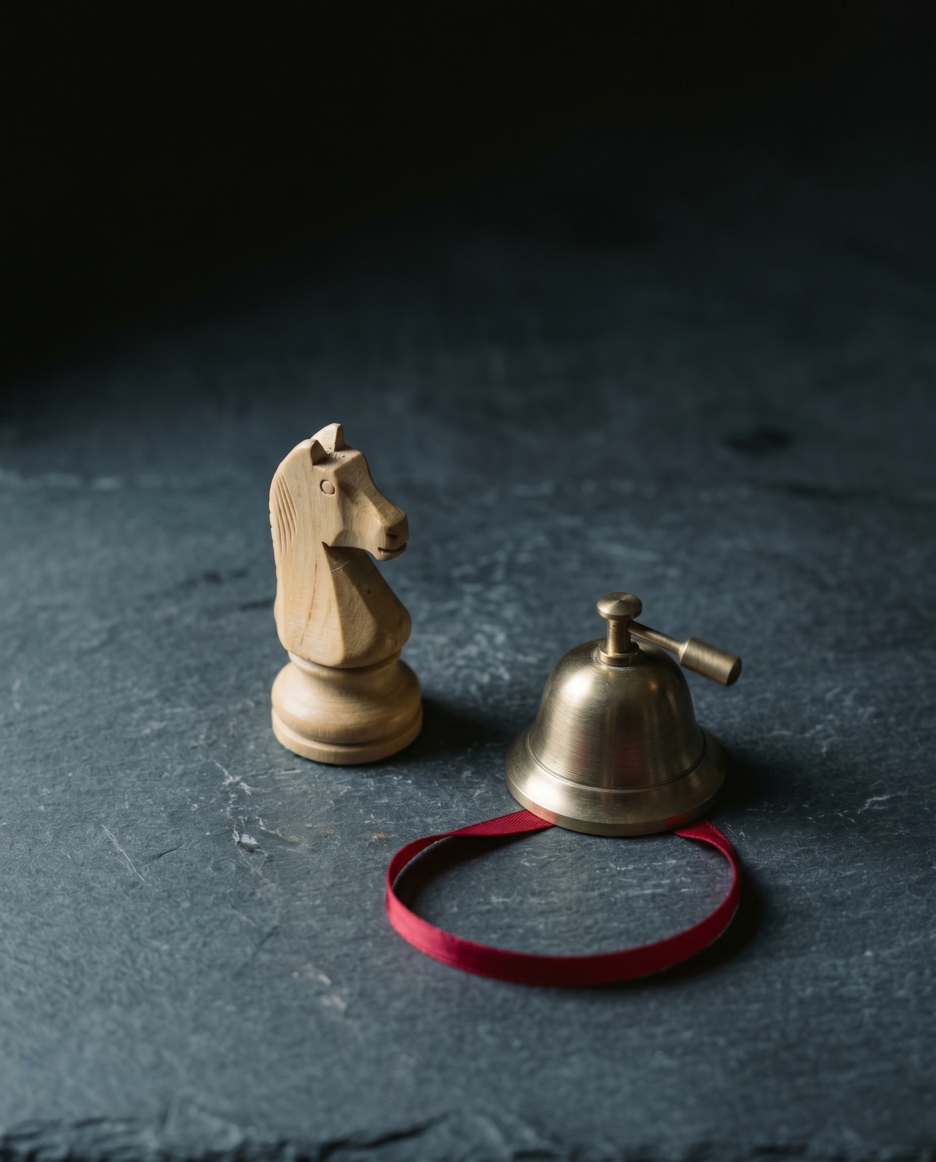 Houten schaakstuk naast een messing servicebel