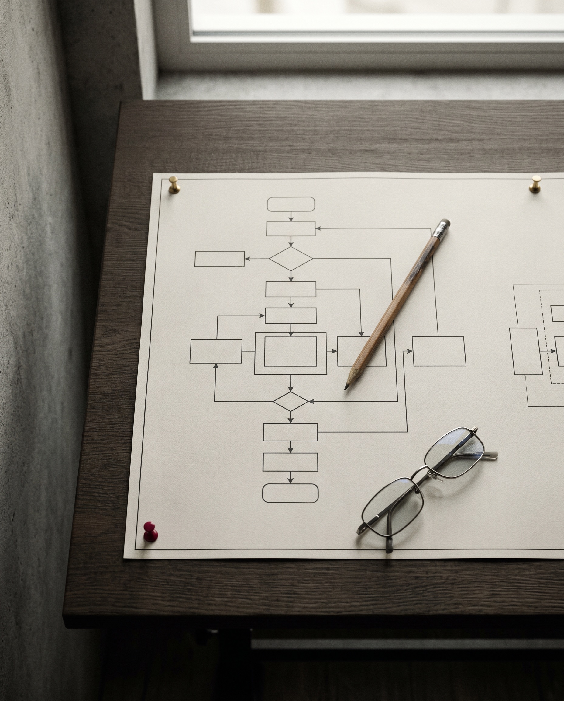 Topografische blueprint met crimson pin op tekentafel