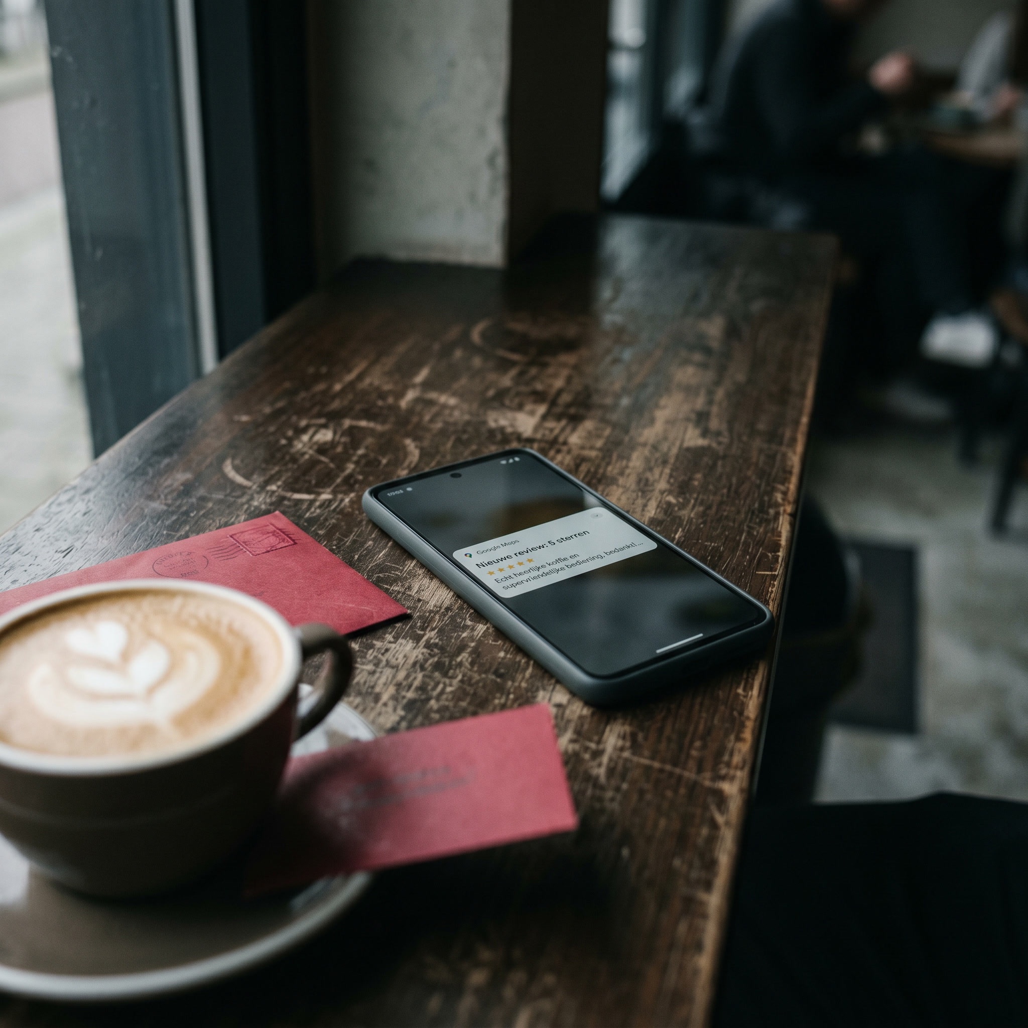 Telefoon op cafétoonbank met 5-sterren review notificatie
